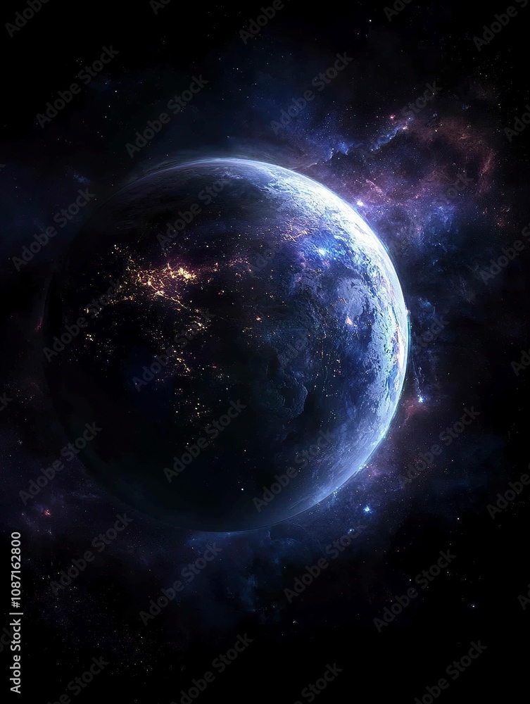 Surface of Earth planet in deep space. Outer dark space wallpaper. Night on planet with cities lights. View from orbit. Surface of Earth planet in deep space. Outer dark space wallpaper. Night on planet with cities lights. View from orbit.