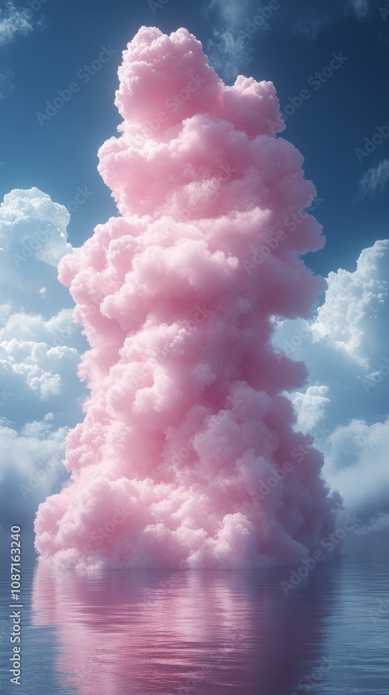 A towering pink cloud formation against a blue sky. A towering pink cloud formation against a blue sky.