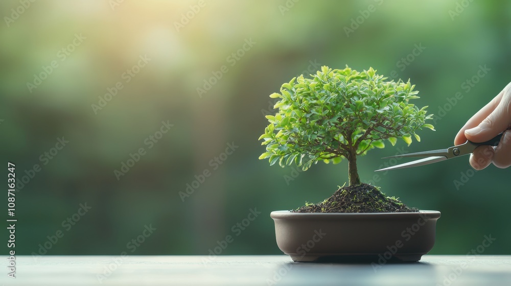A person carefully prunes a vibrant bonsai tree, highlighting the meticulous art of bonsai cultivation in a serene setting. A person carefully prunes a vibrant bonsai tree, highlighting the meticulous art of bonsai cultivation in a serene setting.