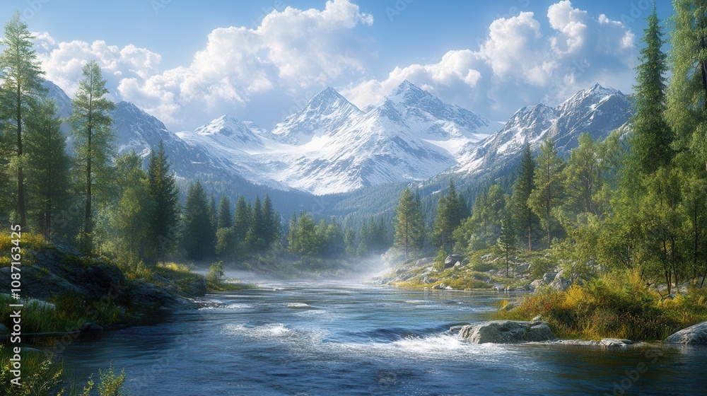 Majestic mountains with snowy peaks and a tranquil river flowing through a lush forest at sunrise Majestic mountains with snowy peaks and a tranquil river flowing through a lush forest at sunrise