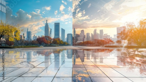 Empty square floor with city skyline background, Cityscape surrealism, surreal cityscape vista photo