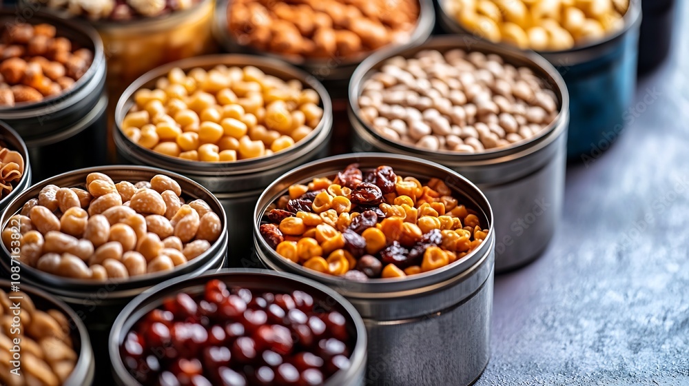 Ready-to-eat Dry Goods Protection Assorted Canned and Packaged Nonperishable Foods on Pastel Surface Ready-to-eat Dry Goods Protection Assorted Canned and Packaged Nonperishable Foods on Pastel Surface