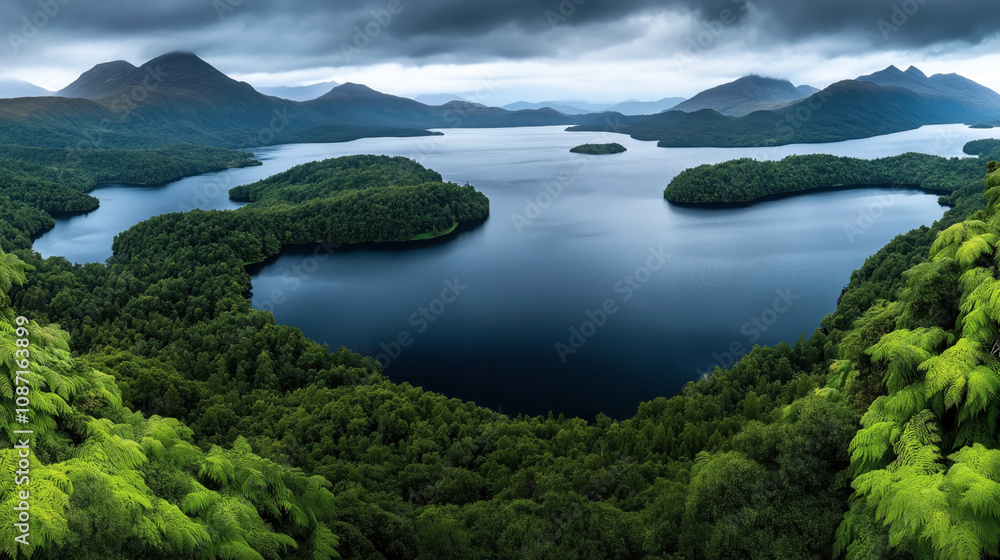 Panoramic view of a tranquil lake surrounded by dense green forest and distant mountains under a cloudy sky Panoramic view of a tranquil lake surrounded by dense green forest and distant mountains under a cloudy sky