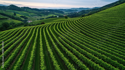 Expansive view of a vineyard with neatly arranged rows of grapevines over rolling hills under a cloudy sky.