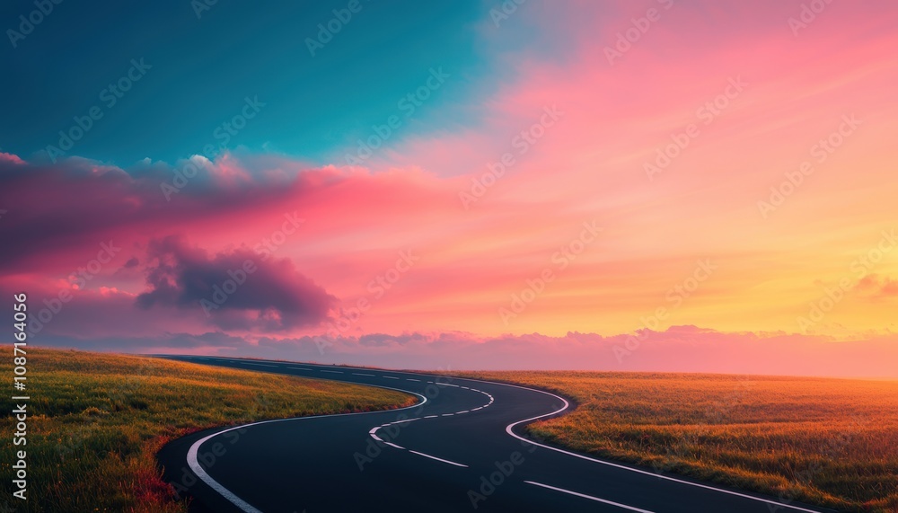 Naklejka premium A scenic winding road through lush fields under a vibrant sunset sky, showcasing nature's beauty and peacefulness.