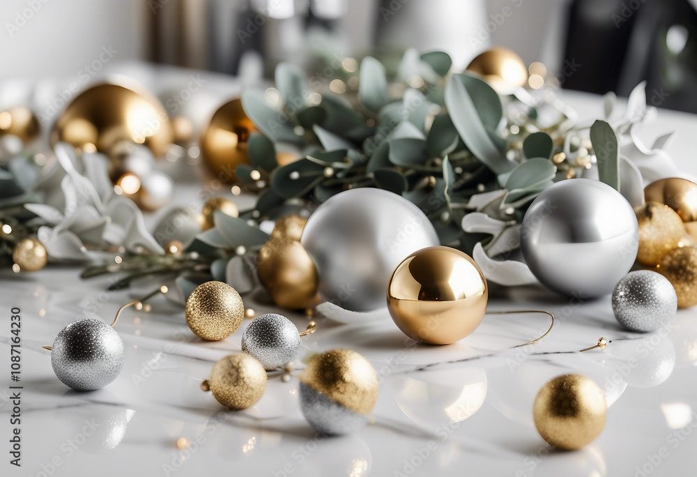 A luxurious arrangement of gold and silver Christmas ornaments displayed on a marble surface. The scene is adorned with decorative wreaths, stars, and natural greenery, evoking festive elegance and ho A luxurious arrangement of gold and silver Christmas ornaments displayed on a marble surface. The scene is adorned with decorative wreaths, stars, and natural greenery, evoking festive elegance and ho