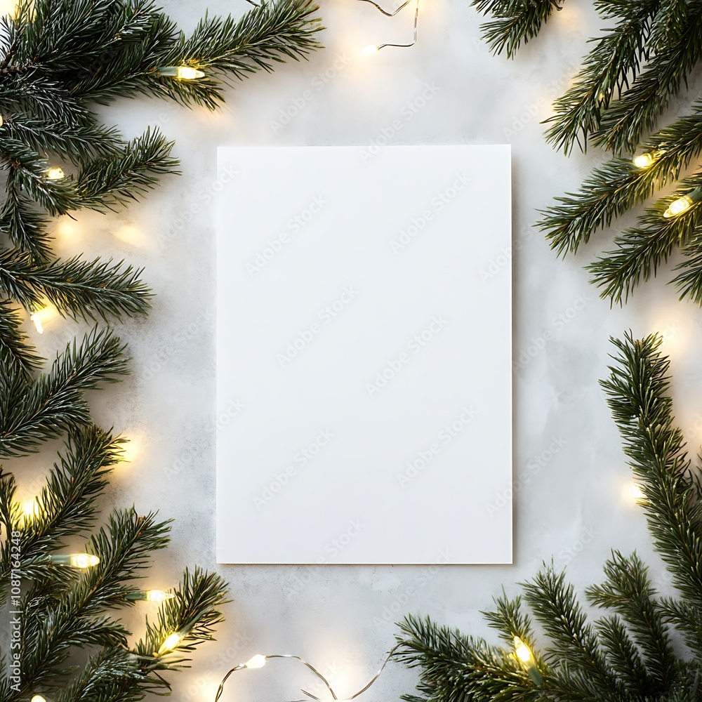 Christmas Card Mockup with Fir Branches and Lights Christmas Card Mockup with Fir Branches and Lights
