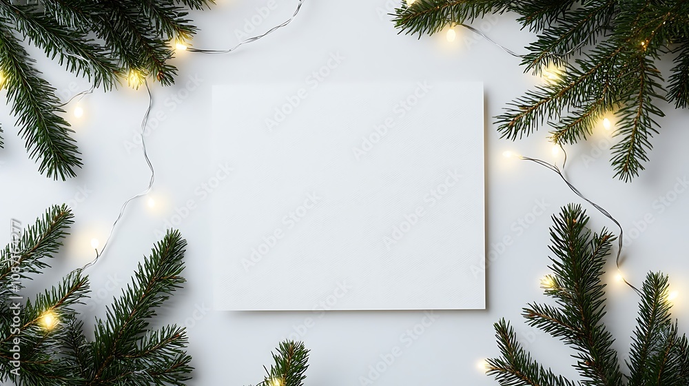 Christmas Card Mockup with Fir Branches and Lights Christmas Card Mockup with Fir Branches and Lights