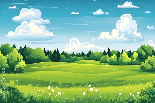 Beautiful landscape vector illustration of mountains, forests, fields and meadows. Stunning panoramic farm landscape with mountains in the background. Natural landscape