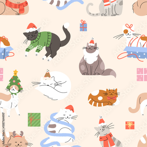 Cute christmas cats seamless pattern. Cat in Santa Claus red hat, sweater, with gifts. Winter holiday funny print template, vector background