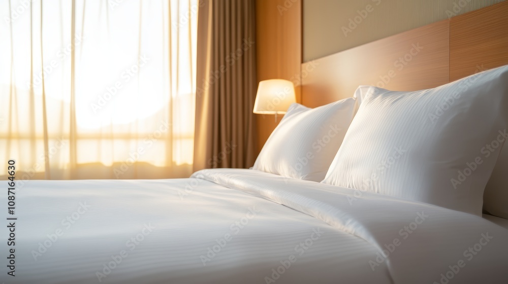 Fototapeta premium Comfortable hotel room with soft bedding and warm sunlight streaming through large windows in the early evening