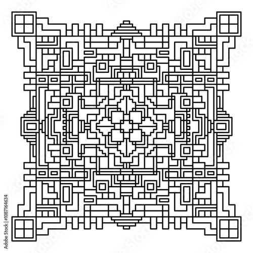 Complex, Symmetrical Black-and-white Geometric Design Featuring Interconnected Shapes, Lines, and Patterns, Creating a Maze-Like Structure