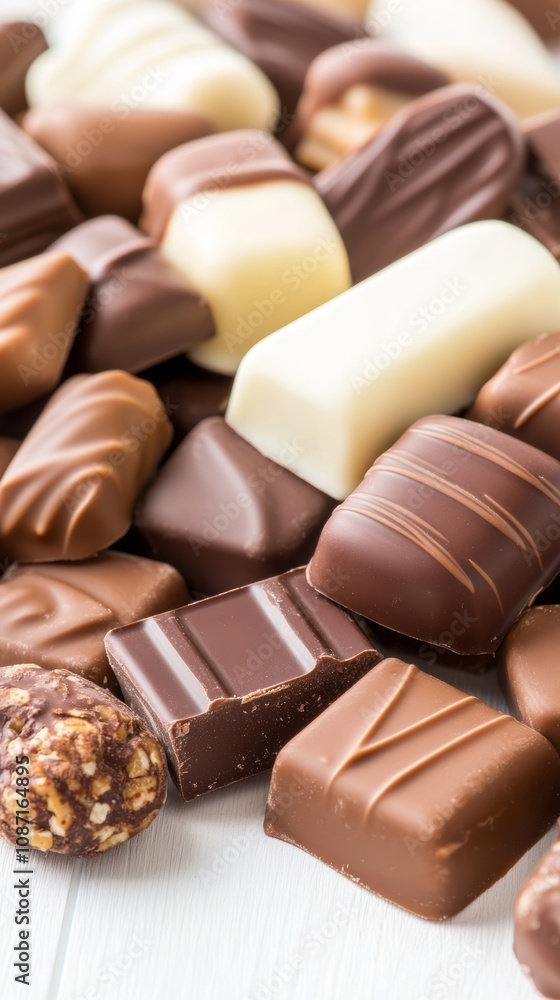 A delicious assortment of assorted chocolates arranged neatly on a white background A delicious assortment of assorted chocolates arranged neatly on a white background