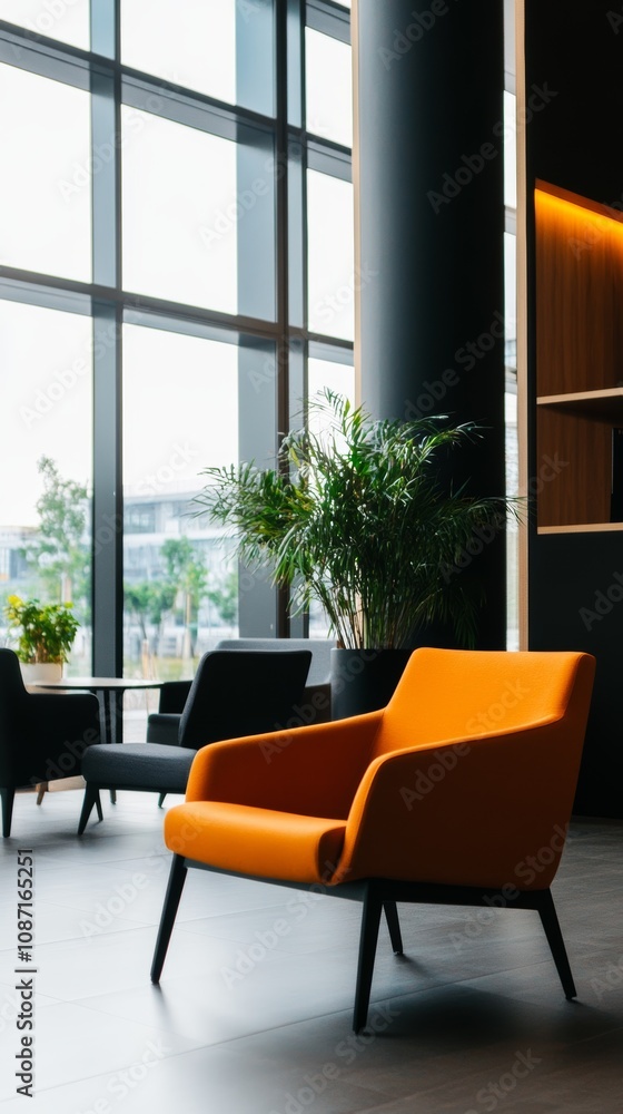 Modern lounge area featuring vibrant orange chair and greenery in a spacious, well-lit environment during daytime Modern lounge area featuring vibrant orange chair and greenery in a spacious, well-lit environment during daytime