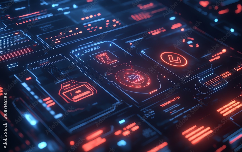 Futuristic digital approval system with glowing checkboxes for project management, task completion icons and progress markers on a modern interface Futuristic digital approval system with glowing checkboxes for project management, task completion icons and progress markers on a modern interface
