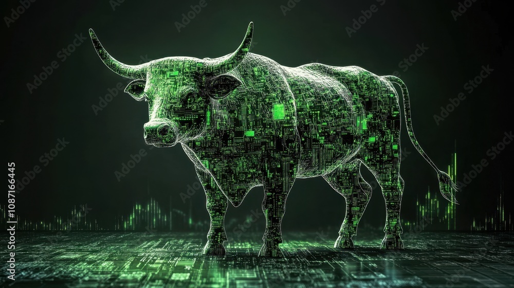 Digital Bull Representing Growth and Success in Financial Markets with Glowing Data Patterns in a Dark Background Digital Bull Representing Growth and Success in Financial Markets with Glowing Data Patterns in a Dark Background