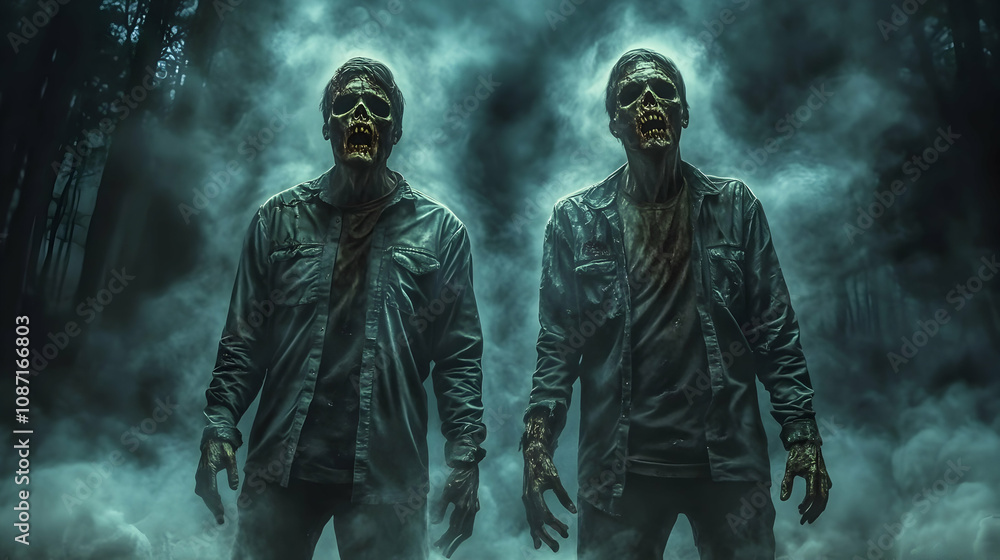 Two Decaying Zombies Emerge from a Foggy Forest, Their Eyes Glowing with a Ferocious Hunger, a Haunting Image of the Living Dead Two Decaying Zombies Emerge from a Foggy Forest, Their Eyes Glowing with a Ferocious Hunger, a Haunting Image of the Living Dead