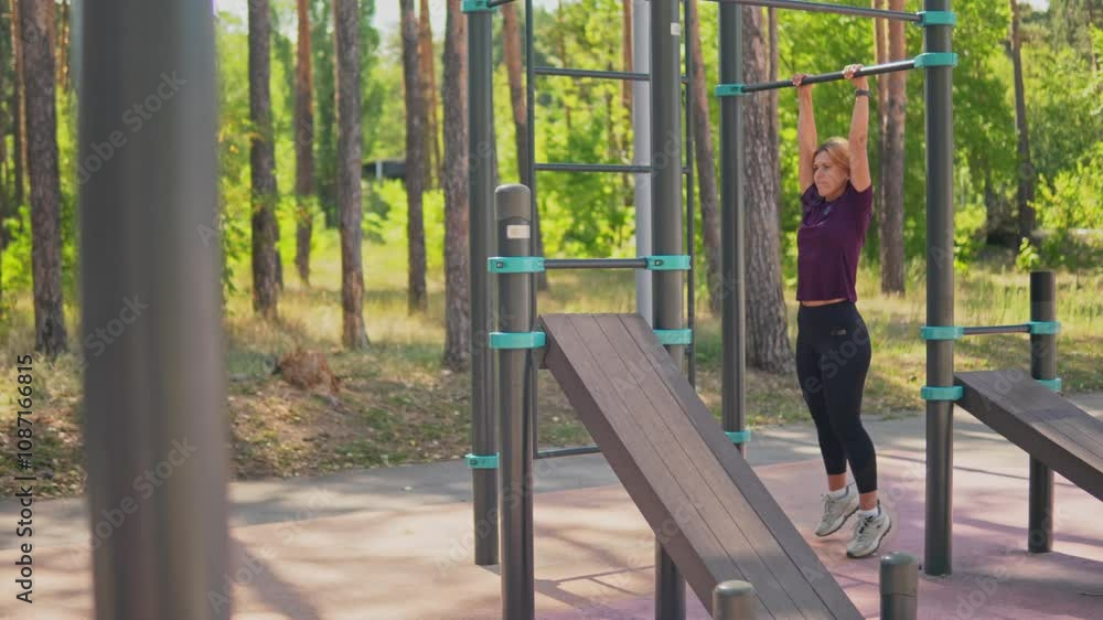 Woman is hanging on horizontal bar on sports ground then jumping and drinking water from little plastic bottle. Slow motion of fitness lady stretching and having aqua after exercising outdoors Woman is hanging on horizontal bar on sports ground then jumping and drinking water from little plastic bottle. Slow motion of fitness lady stretching and having aqua after exercising outdoors