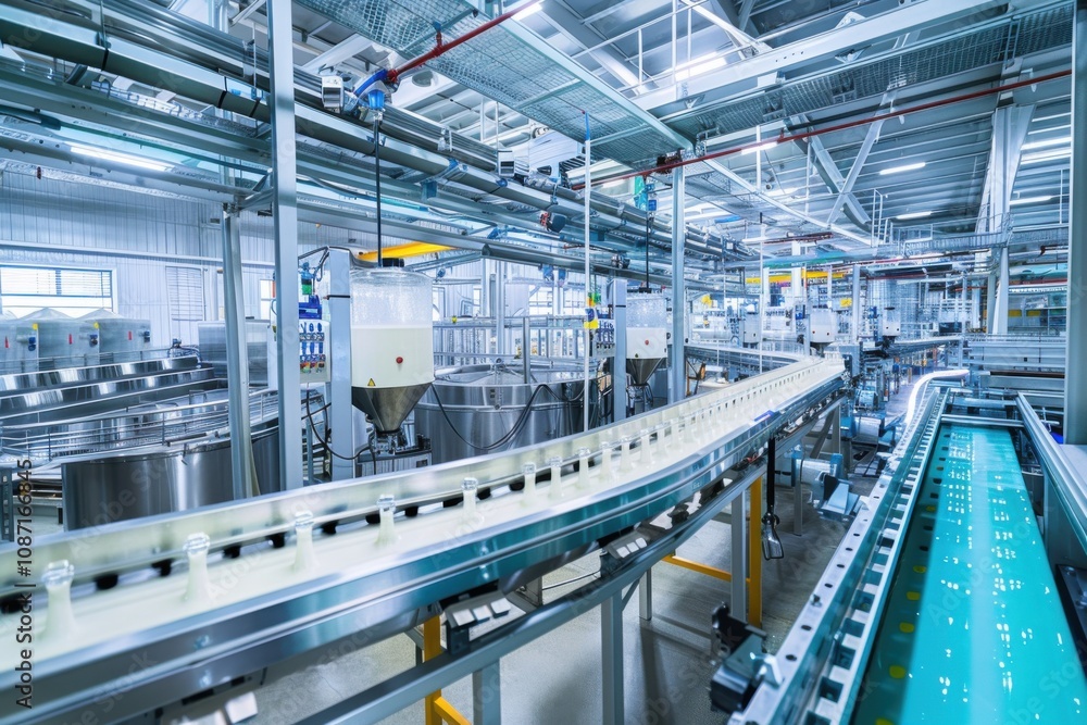 Bottles Move on Conveyor Belt through Factory Efficiently and Quickly Produces Goods Bottles Move on Conveyor Belt through Factory Efficiently and Quickly Produces Goods