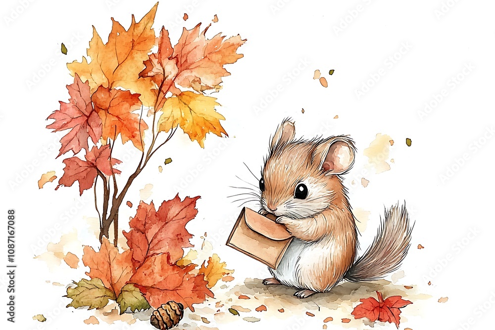 Fototapeta premium Adorable Watercolor Illustration of a Cute Mouse Holding a Small Package Amidst Autumn Leaves. A charming image perfect for fall-themed designs, children's books, and greeting cards.