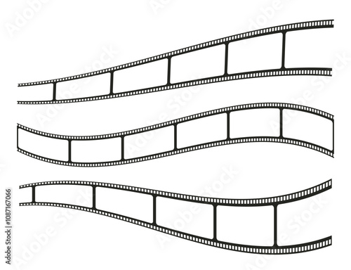 Isolated curved film stripes. Retro films rolls for photo or video cameras. Decorative cinema background elements, flying black frames vector templates