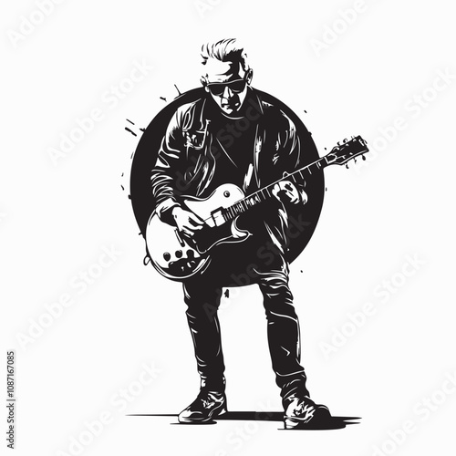 Energetic Senior Male Rocker Playing Guitar Vector Illustration in a Stylish Fashion
