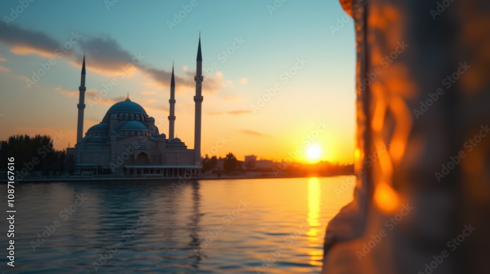Fototapeta premium Sunset view of a mosque reflecting on water.