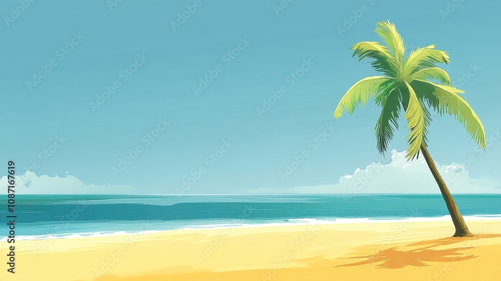 Obraz premium Serene Tropical Beach Scene with a Lush Palm Tree Under a Clear Blue Sky and Gentle Ocean Waves Lapping on the Sandy Shoreline During Daylight Hours