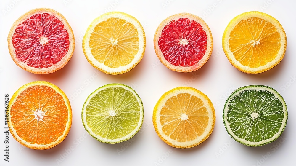 Fototapeta premium A row of oranges and lemons are sliced open and arranged in a row. The colors of the fruit are vibrant and the slices are cut in half. Concept of freshness and health