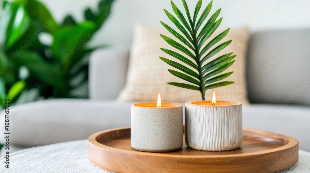 Stress free concept. Elegant candles on a tray with greenery in a cozy setting. Stress free concept. Elegant candles on a tray with greenery in a cozy setting.
