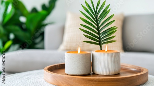 Stress free concept. Elegant candles on a tray with greenery in a cozy setting.