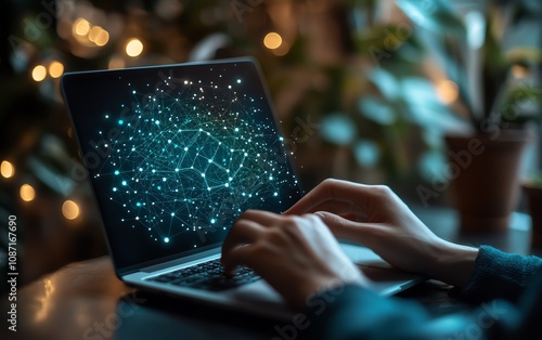 Man interacting with a laptop, holding a glowing health insurance card, digital representation of modern medical care and health security photo