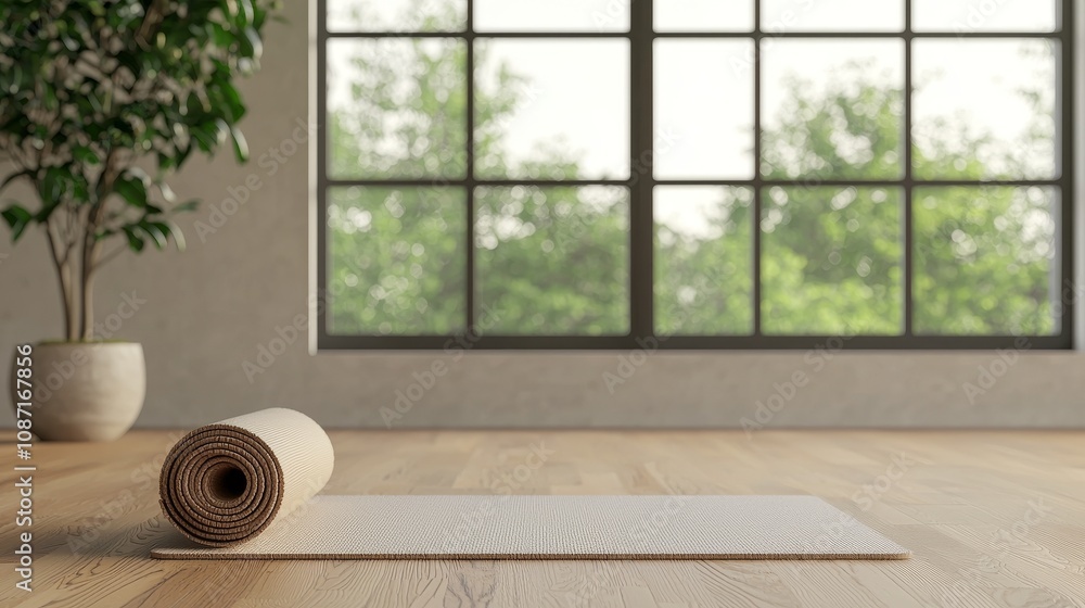Stress free concept. Serene yoga space with mat and natural light from windows. Stress free concept. Serene yoga space with mat and natural light from windows.