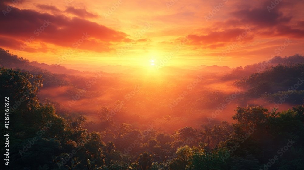 Beautiful sunset in the tropical forest. Landscape of tropical forest. Beautiful sunset in the tropical forest. Landscape of tropical forest.
