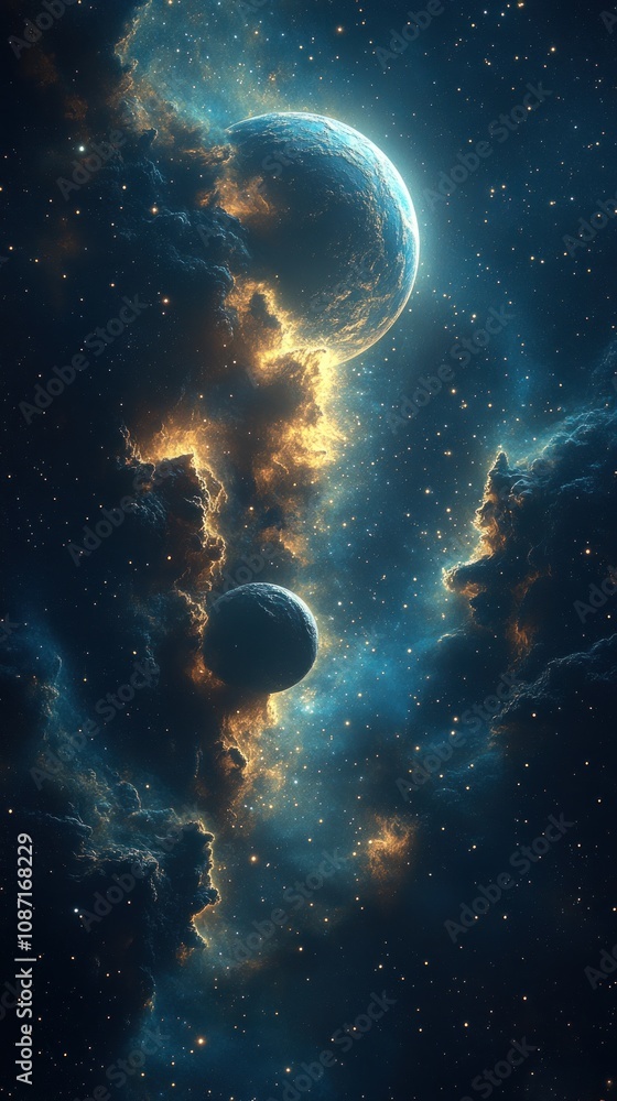 A mesmerizing cosmic scene with planets and vibrant nebulae. A mesmerizing cosmic scene with planets and vibrant nebulae.