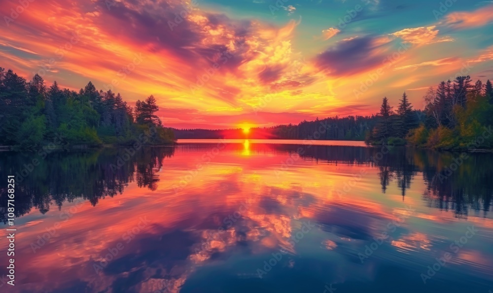 A captivating sunset over a serene lake, reflecting vibrant colors in the water, perfect for peaceful and tranquil themes A captivating sunset over a serene lake, reflecting vibrant colors in the water, perfect for peaceful and tranquil themes
