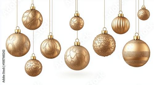 A collection of gold colored Christmas ornaments hanging from a string. The ornaments are of various sizes and shapes, and they are all hanging from the same string. Concept of festivity and joy