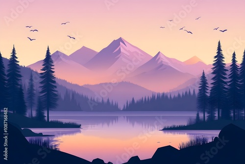 Beautiful autumn mountain landscape. Vector illustration. winter Vector art style landscape. Sunset in mountains illustration, nature, vector, background, hill, sky, mountain, tree, environment, photo