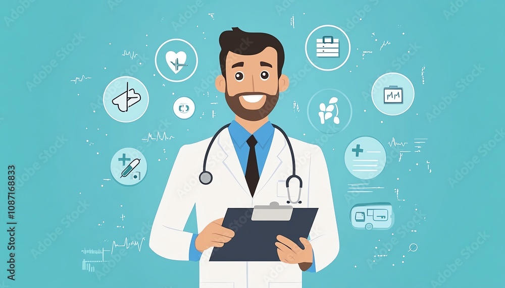 Medical professional holding a clipboard with medical icons and healthcare symbols overlaid on a blue background, representing health insurance Medical professional holding a clipboard with medical icons and healthcare symbols overlaid on a blue background, representing health insurance