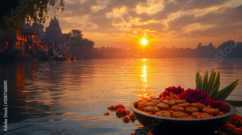 A Serene Dawn: The Symbolic Rising of the Sun Over a Tranquil River with Artistic Offerings of Wheat Cakes and Sugarcane photo