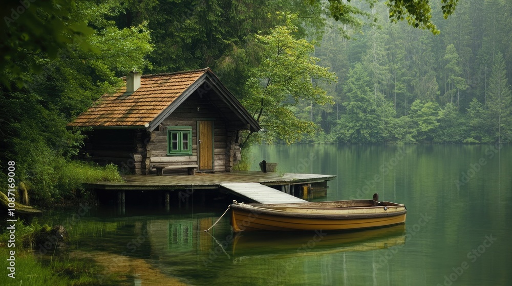 Tranquil Lakeside Retreat with Wooden Cabin and Rowboat Surrounded by Lush Forest Reflections in Serene Water Under Soft Misty Environment Tranquil Lakeside Retreat with Wooden Cabin and Rowboat Surrounded by Lush Forest Reflections in Serene Water Under Soft Misty Environment