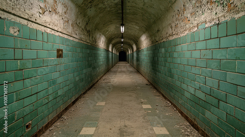 Abandoned Tunnel with Green Ceramic Tiles and Dim Lighting Creating an Eerie Atmosphere in an Old Structure with Visible Wear and Tear photo