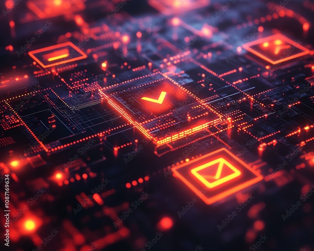 Obraz premium Project management concept with digital approval interface, glowing checkboxes, and task completion symbols, modern visualization in a digital space