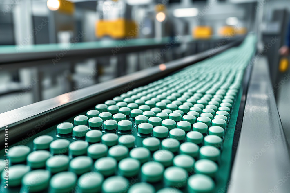 Automated production line with green vials on conveyor belt in factory Automated production line with green vials on conveyor belt in factory