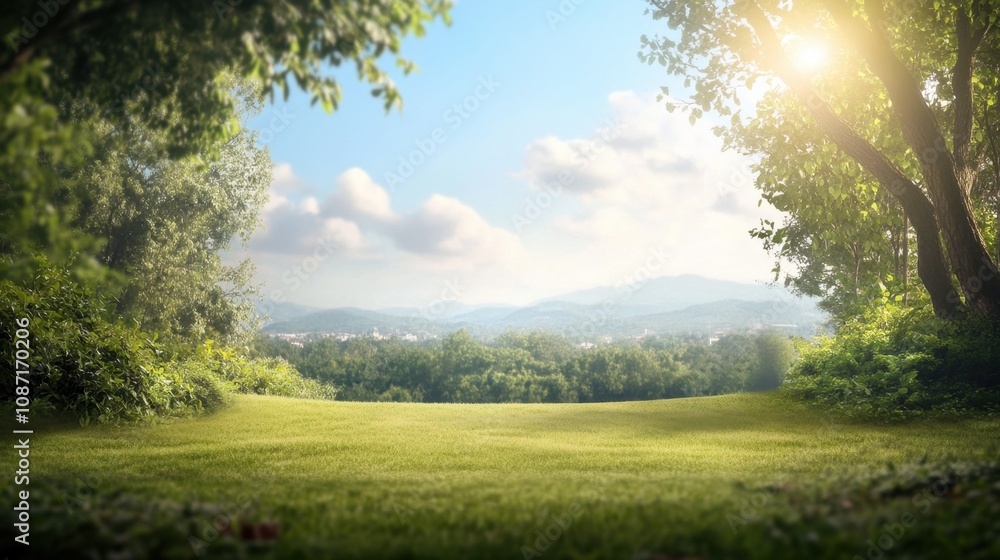 A serene landscape with lush greenery and sunlight streaming over a peaceful meadow in the early morning hours