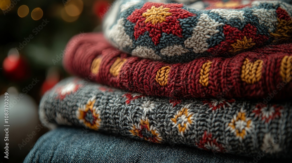 Cozy knitted sweaters stacked for winter season decorating Cozy knitted sweaters stacked for winter season decorating