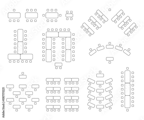 Seating schemes for rectangular tables. Table and chairs top view in different shapes, u and t shape, semicircle. Scheme for wedding lesson lectures, vector design