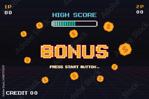 BONUS. pixel art .8 bit game. retro game. for game assets .Retro Futurism Sci-Fi Background. glowing neon grid. and stars from vintage arcade computer games