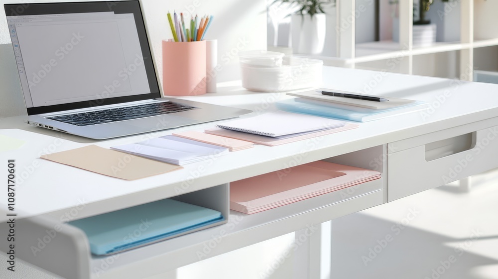Modern Minimalist Workspace with Laptop, Notebooks, and Stationery Organized Neatly on a Bright Sunny Day for Productive Work and Creativity Modern Minimalist Workspace with Laptop, Notebooks, and Stationery Organized Neatly on a Bright Sunny Day for Productive Work and Creativity