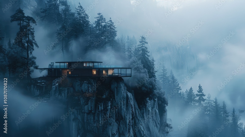 a beautiful house on a cliff in a mountain forest a beautiful house on a cliff in a mountain forest